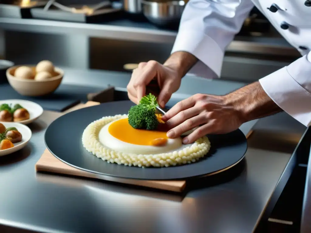 Un chef francés prepara con precisión una deliciosa receta, mostrando la Química de los Sabores en la Cocina Francesa