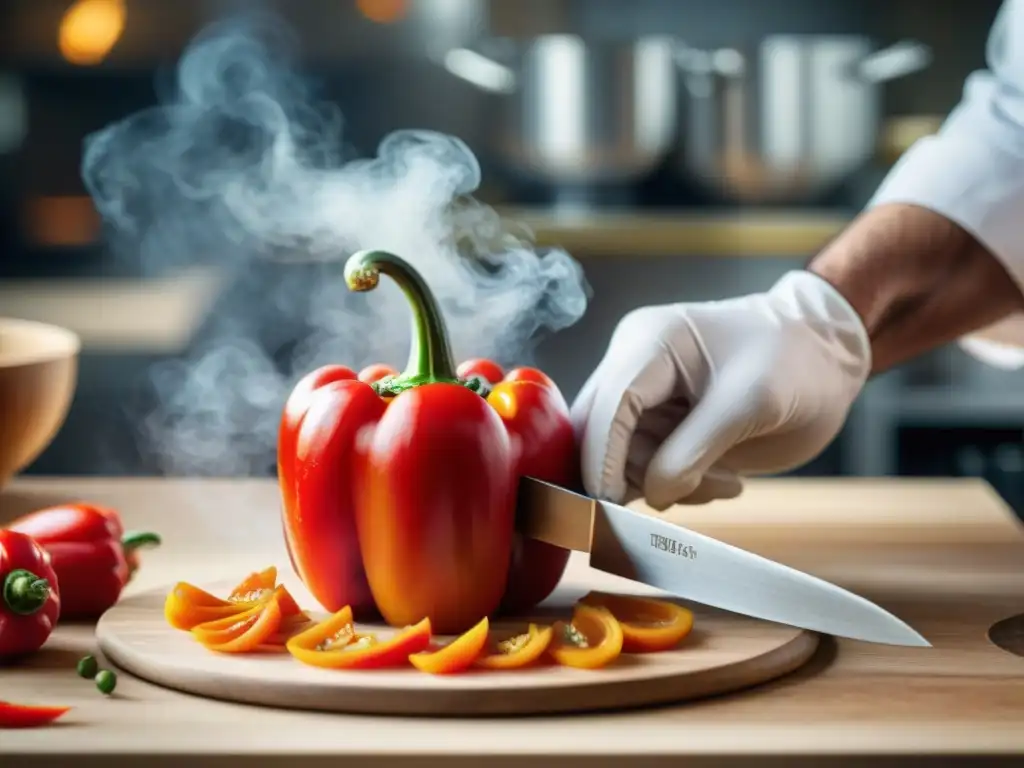 Un chef hábil tallando con precisión un diseño en un pimiento rojo, reflejando el arte del tallado de alimentos en gastronomía