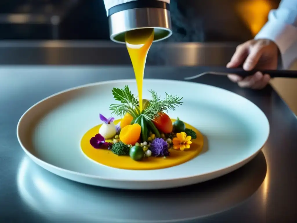 Un chef hábil adorna con precisión un elegante plato vegetariano estilo francés con hierbas frescas y flores comestibles en una cocina sofisticada