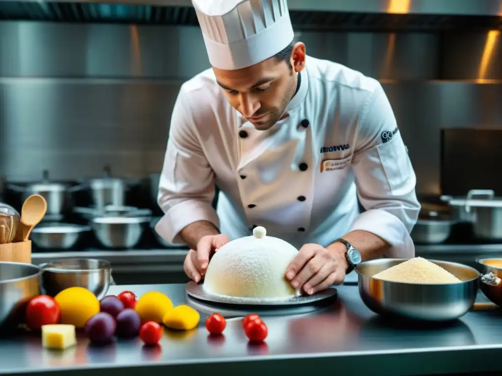 Un chef francés crea con precisión una escultura de azúcar para un postre, rodeado de una cocina elegante y llena de ingredientes coloridos