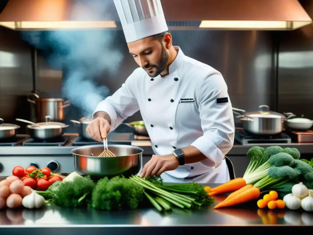 Un chef francés prepara con precisión una exquisita receta al vapor