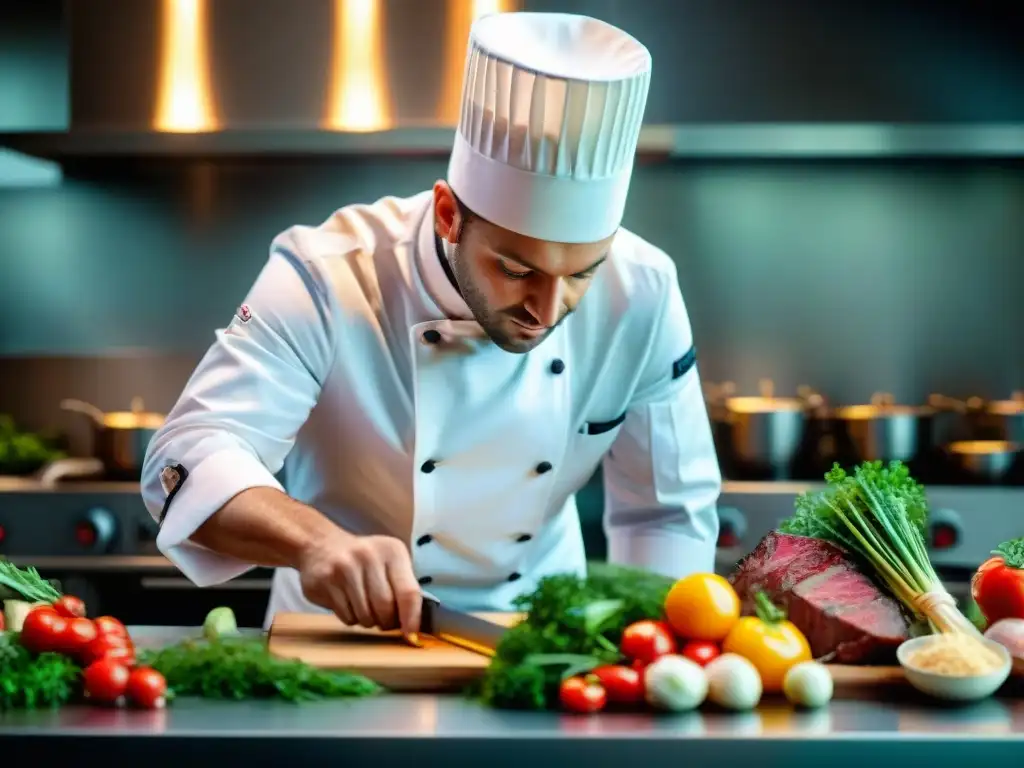 Un chef francés crea con precisión un exquisito plato en una elegante cocina, rodeado de ingredientes frescos y coloridos