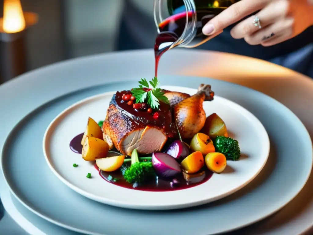 Un chef adorna con precisión un exquisito plato de coq au vin, reflejando la fusión de la cocina francesa con influencia mundial