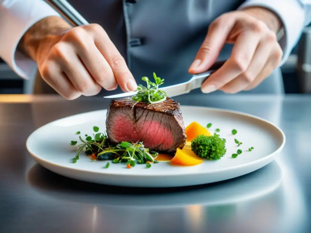 Un chef francés sazona con precisión un filete cocido al vacío en una cocina profesional, rodeado de ingredientes frescos y una bandera francesa