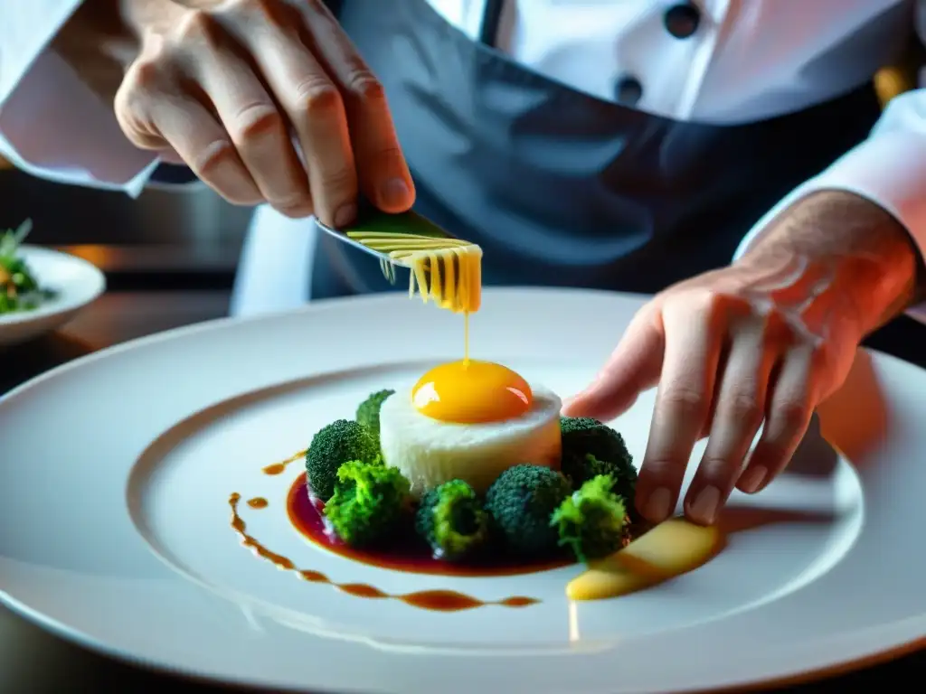 Un chef hábil plateando con precisión una innovación en la gastronomía francesa en un bullicioso bistró