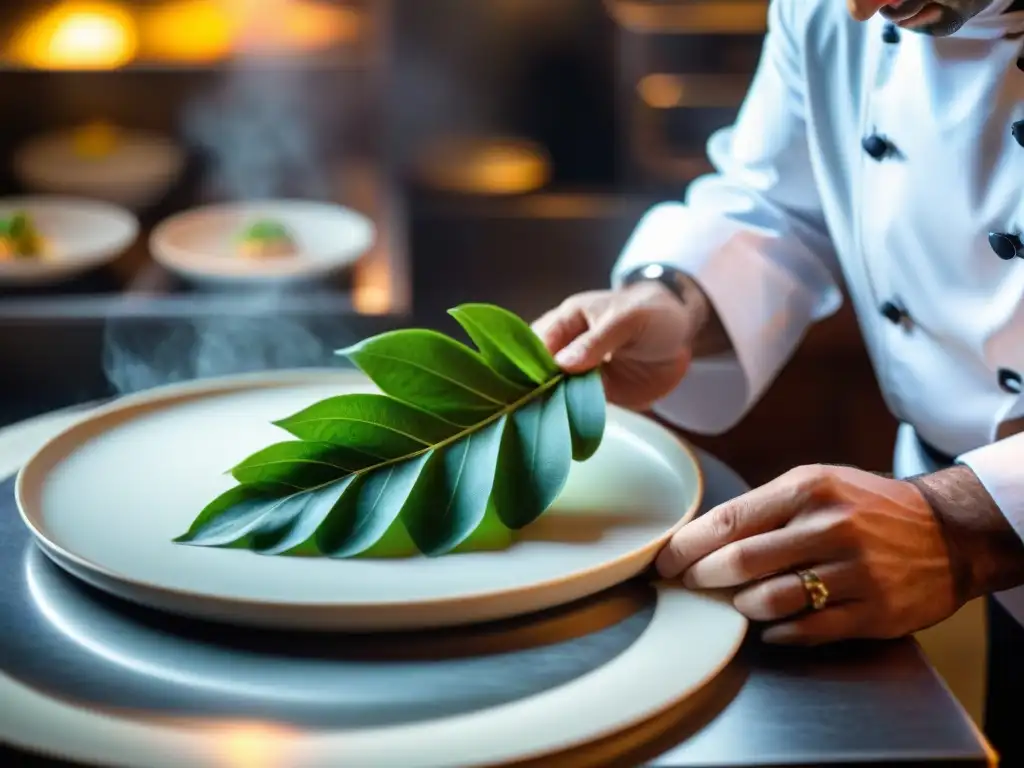 Un chef colocando con precisión una hoja de laurel en un exquisito plato francés