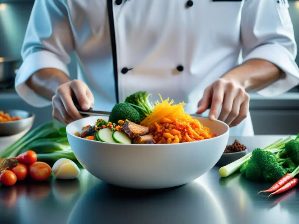 Un chef francés prepara con precisión innovadora un plato de kimchi fusionado