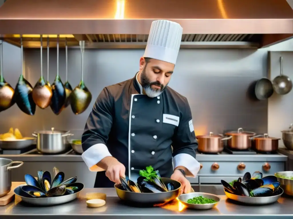 Chef francés preparando Moules Marinières con precisión Un chef francés prepara con precisión mejillones estilo francés en una cocina tradicional