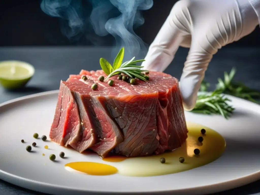 El chef sazona con precisión una montaña de carne cruda para una receta auténtica steak tartare francés