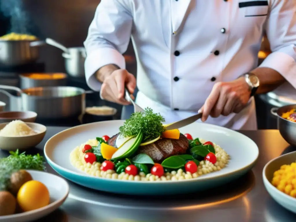 Un chef francés crea con precisión un plato en una cocina bulliciosa, rodeado de ingredientes coloridos y utensilios tradicionales