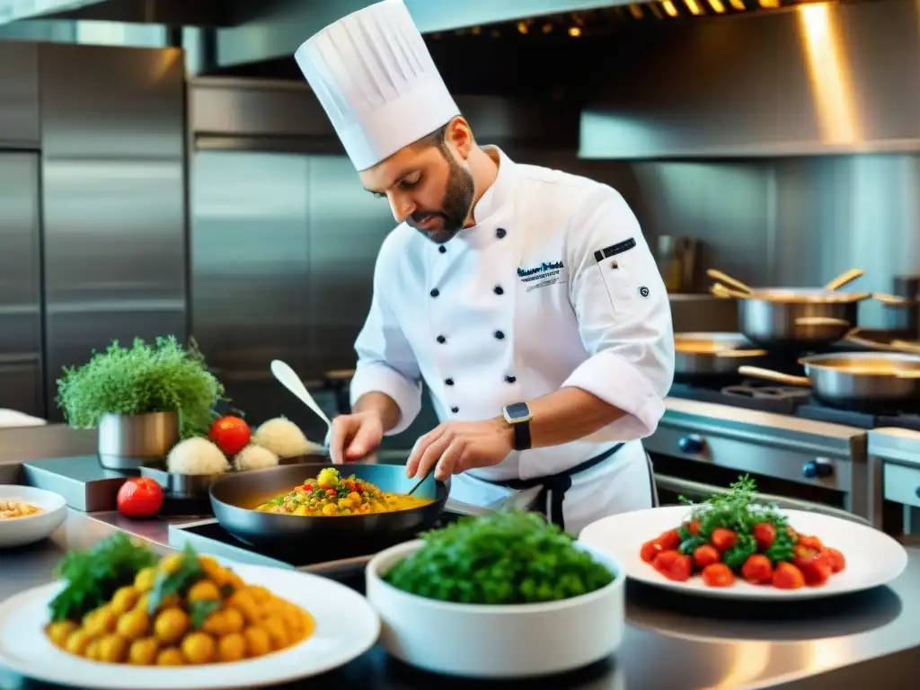 Chef Gérald Passedat prepara con precisión un plato de cocina mediterránea francesa innovadora en su bulliciosa cocina