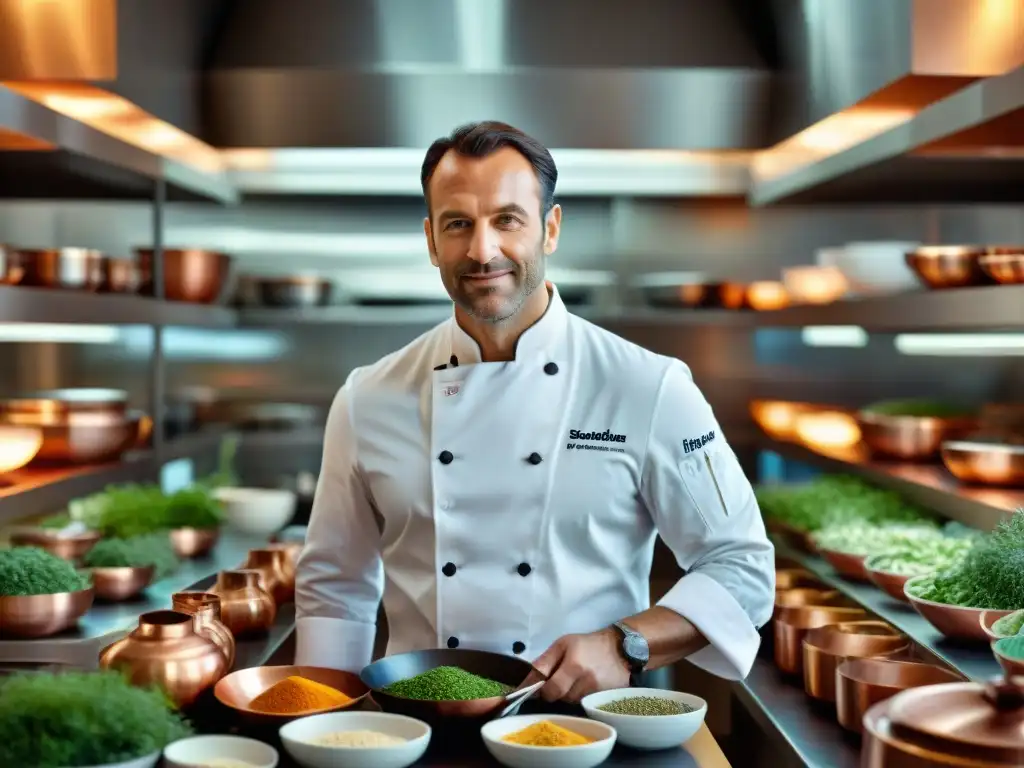 Un chef francés crea con precisión un plato delicado en una cocina moderna, mostrando innovación culinaria en gastronomía francesa