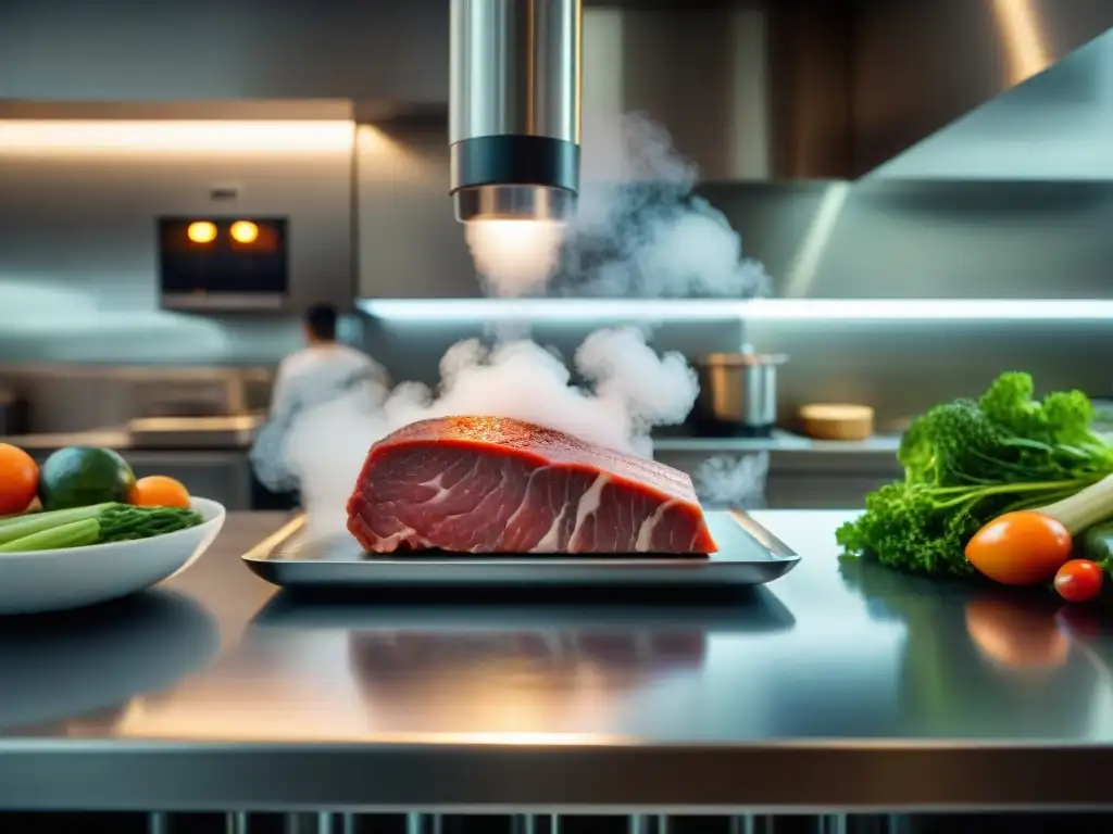 Un chef preparando con precisión un plato francés mediante cocción al vacío en cocina profesional