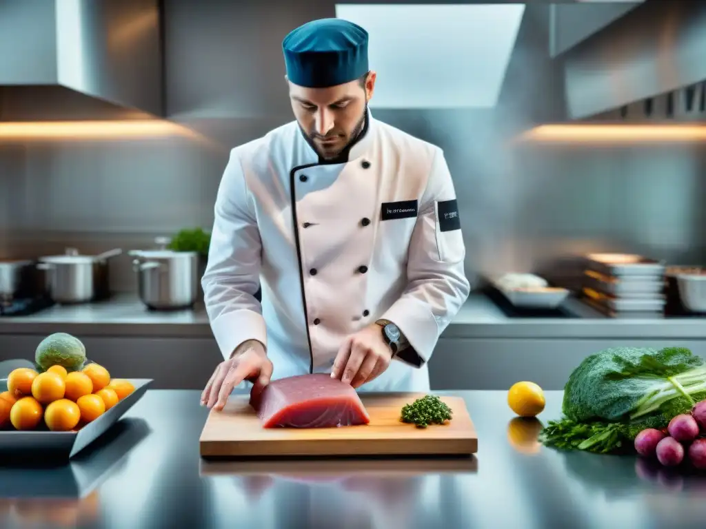 Un chef francés prepara con precisión un plato gourmet usando la técnica de cocina al vacío en una moderna cocina