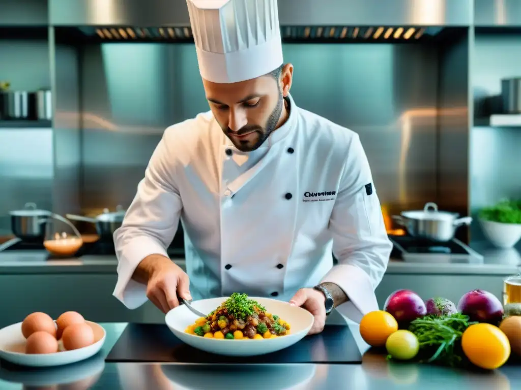 Chef francés innovador en cocina de alta tecnología Un chef francés prepara con precisión un plato innovador en una cocina moderna