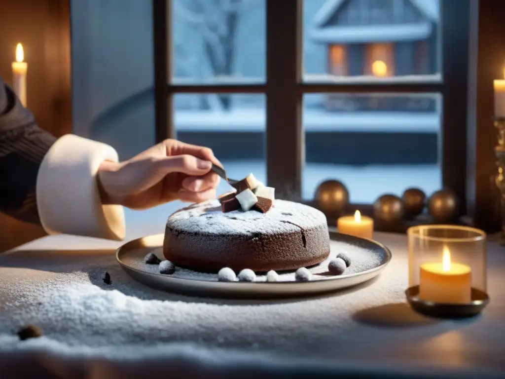 Un chef francés decora con precisión un postre de chocolate mientras una sutil decoración invernal brilla al fondo