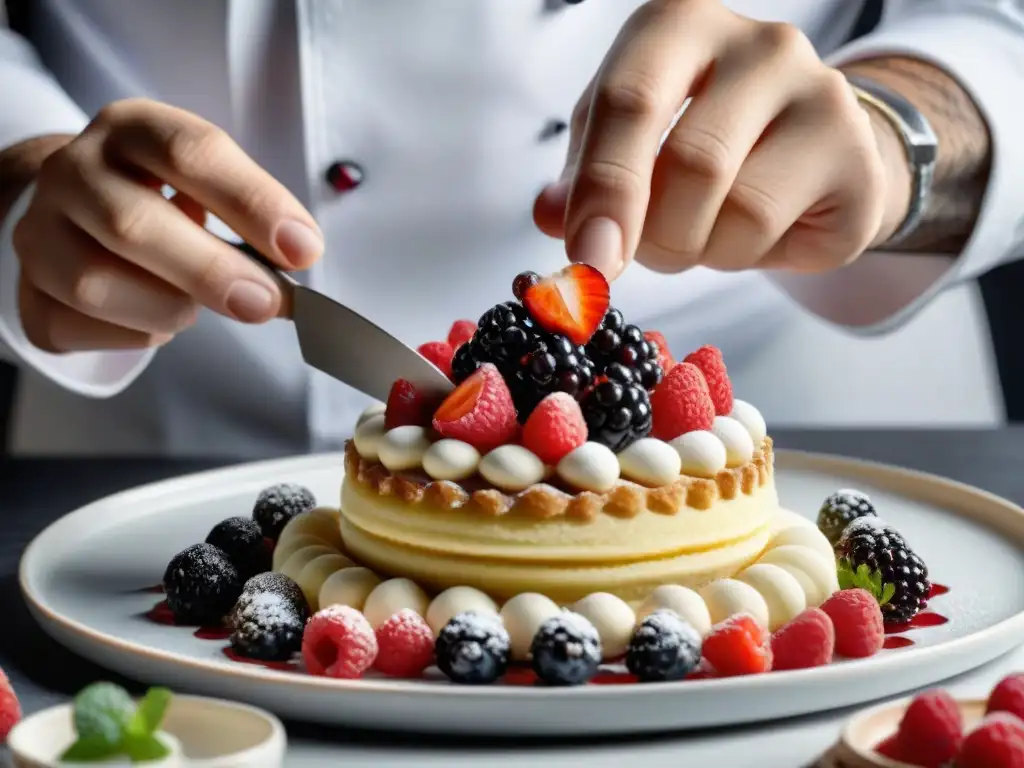 Un chef francés adorna con precisión un postre con pequeñas frutas rojas, en una elegante cocina