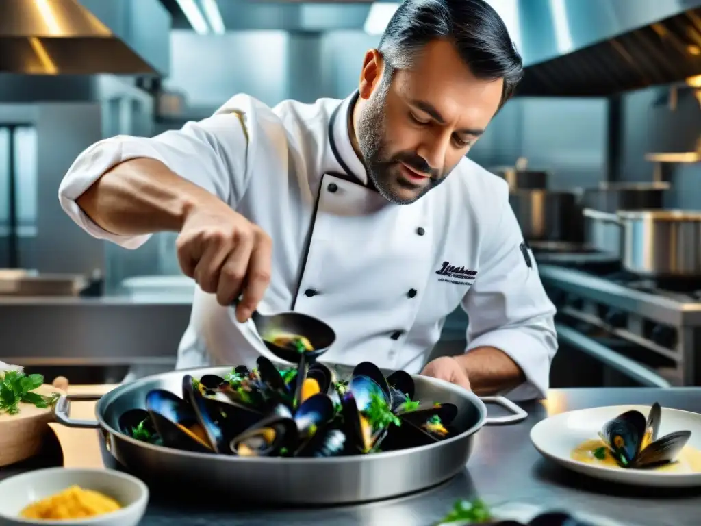 Un chef prepara con precisión una receta tradicional moules crème normande en una cocina profesional