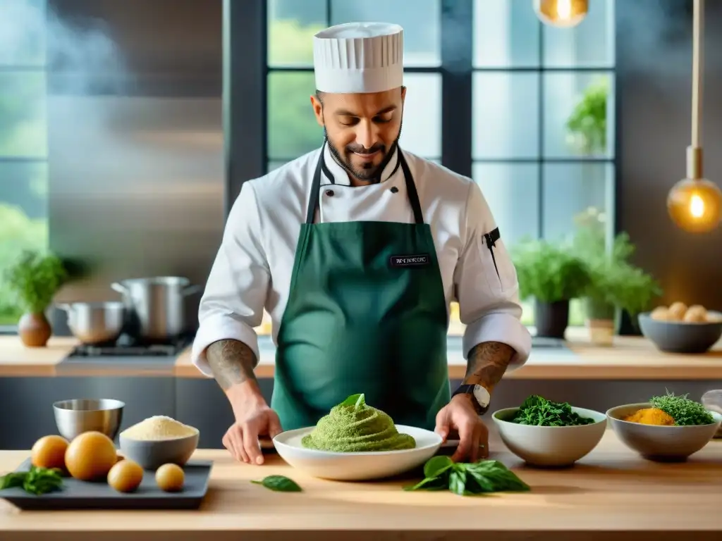 Un chef prepara con precisión un soufflé vegano en una cocina moderna y elegante