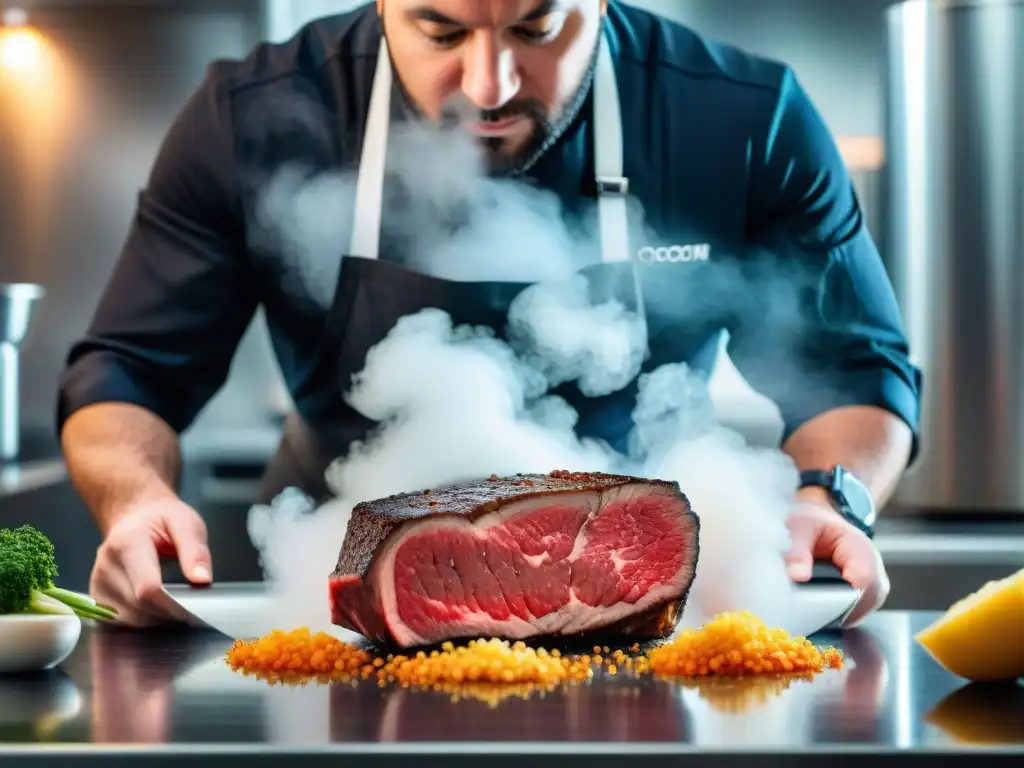 Un chef sazona con precisión un trozo de carne sellado al vacío antes de cocinarlo en baño maría, en un entorno de cocina profesional