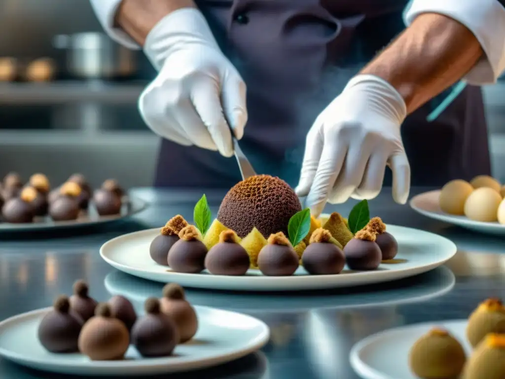 Un chef francés adorna con precisión trufas en un exquisito plato