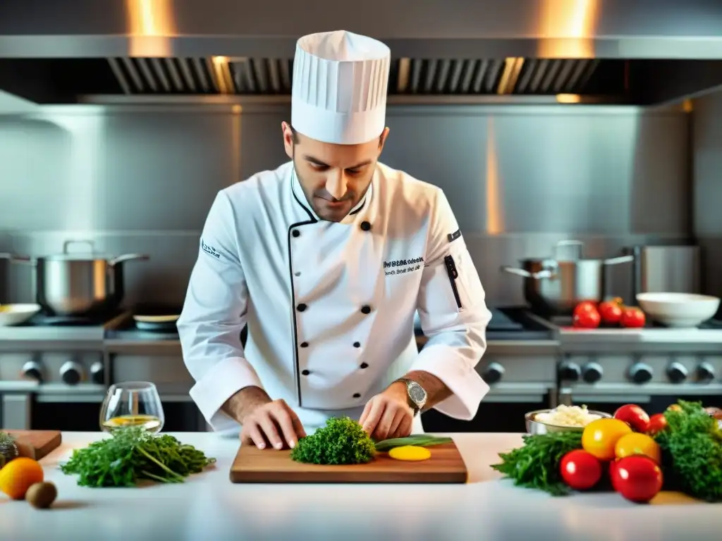 Un chef francés prepara con precisión una versión moderna de un platillo tradicional en una cocina innovadora, simbolizando la fusión de la gastronomía francesa tradicional e innovadora