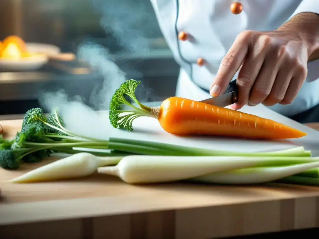 Un chef tallando con precisión una zanahoria, destacando el arte del tallado en la gastronomía francesa