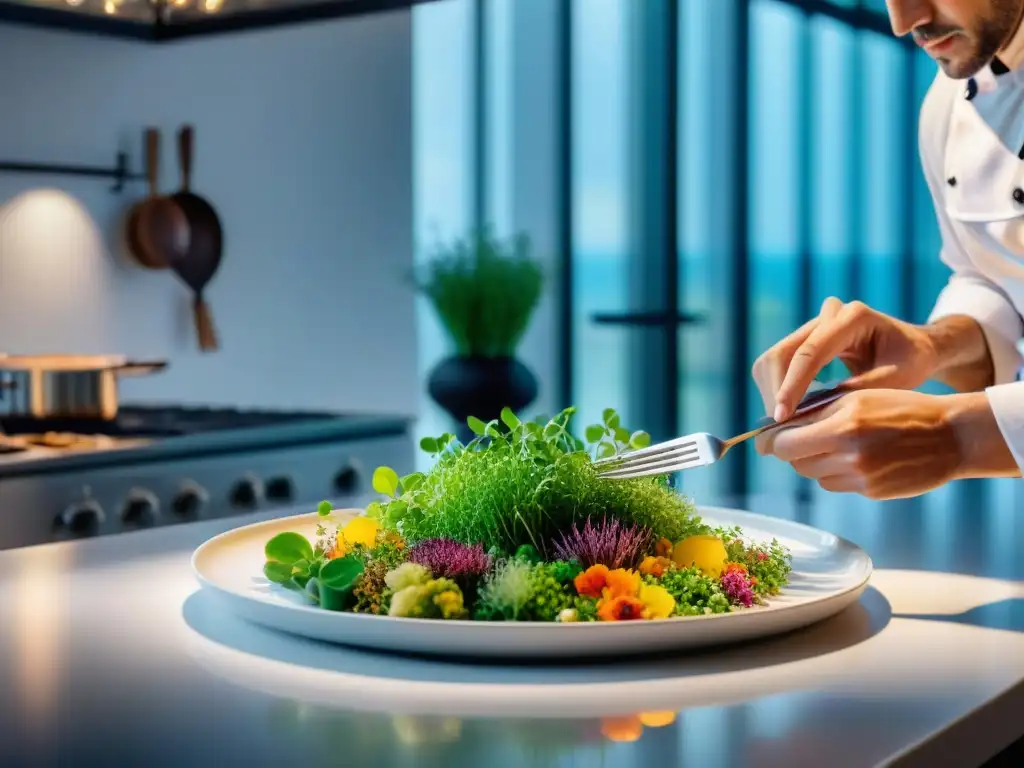 Un chef creando una presentación atractiva de platos de gastronomía francesa con detalle y color