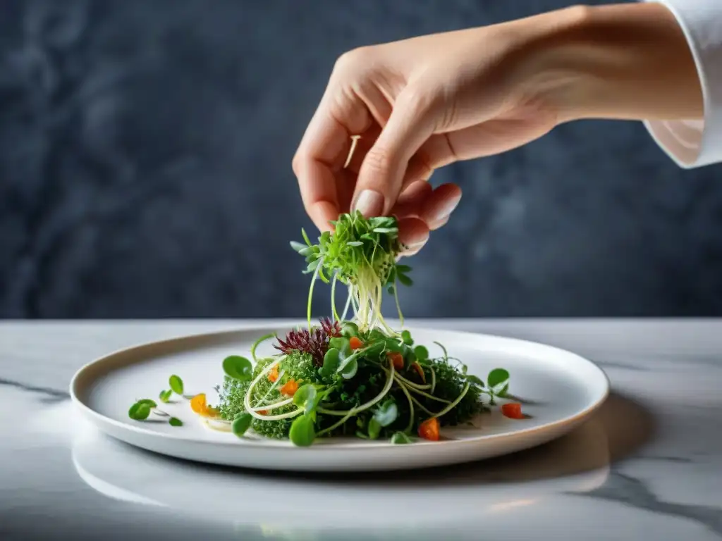 Un chef francés crea una presentación de comida elegante con técnicas francesas para presentación en una cocina profesional