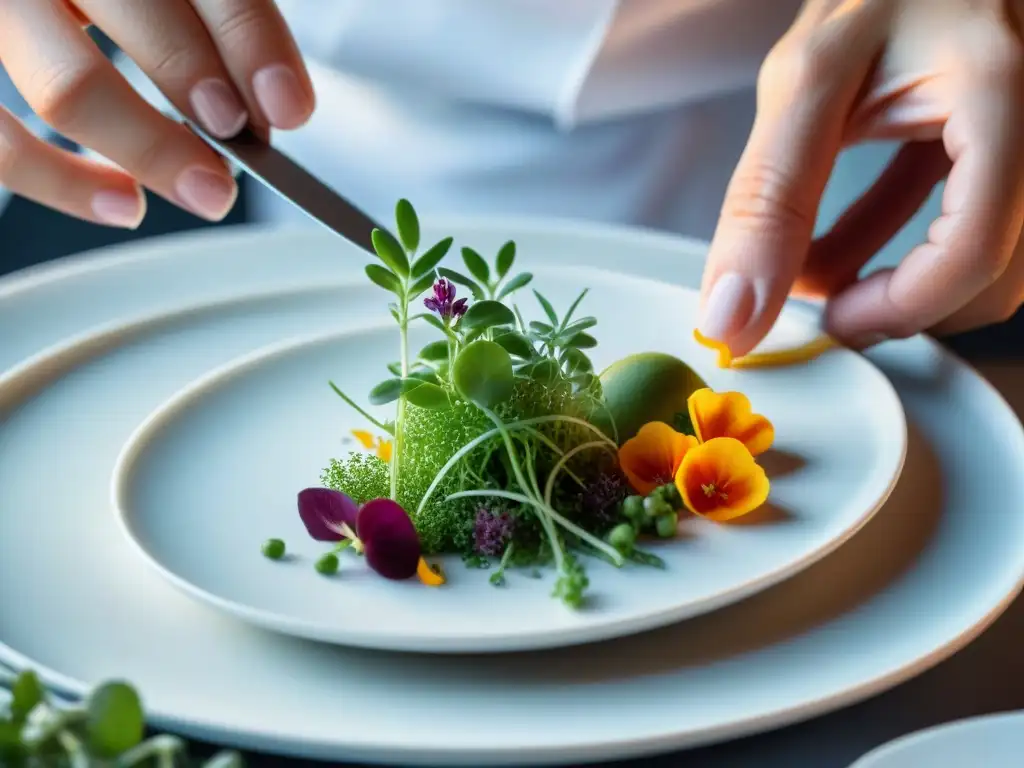 Un chef francés crea una presentación exquisita con microgreens y flores comestibles, reflejando elegancia y sofisticación culinaria