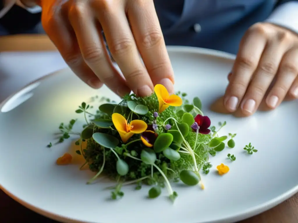 Un chef francés crea una presentación de plato meticulosa con microgreens y flores comestibles