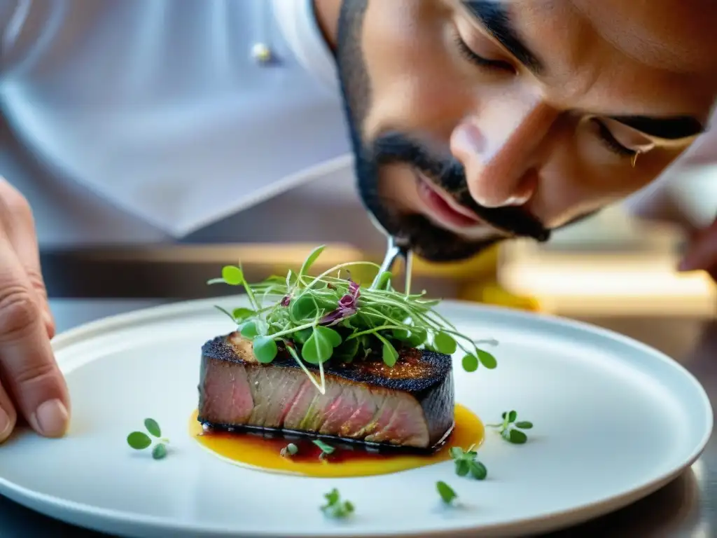 Un chef crea presentaciones audaces de platos clásicos franceses con microgreens y foie gras en una cocina profesional ocupada