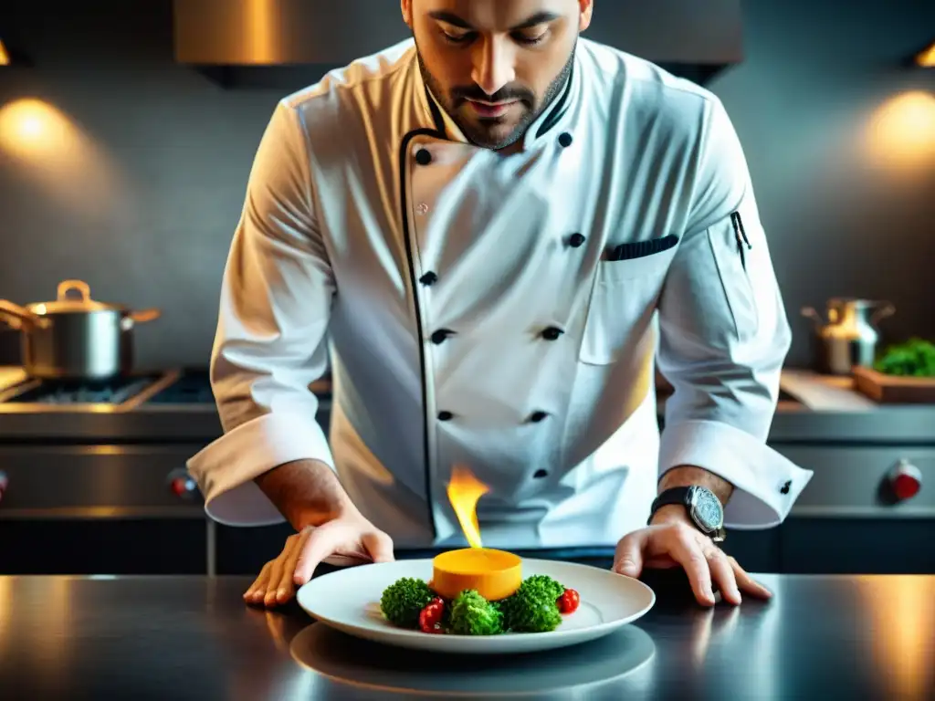 Chef preparando presentaciones modernas platos franceses en cocina elegante y minimalista