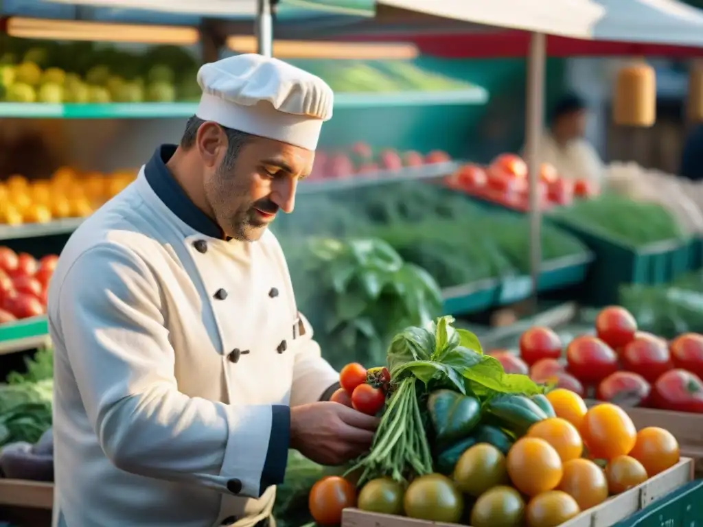 Un chef francés elige cuidadosamente productos frescos en un bullicioso mercado de agricultores al amanecer