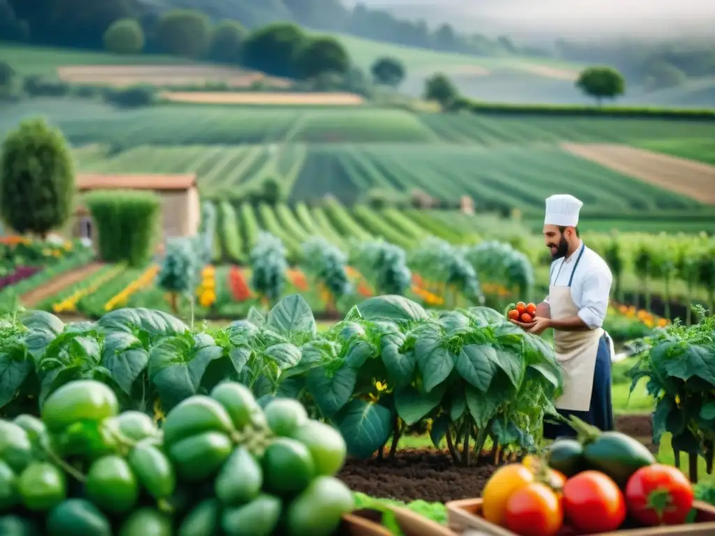 Un chef selecciona productos frescos en una granja francesa, reflejando la permacultura en la gastronomía francesa