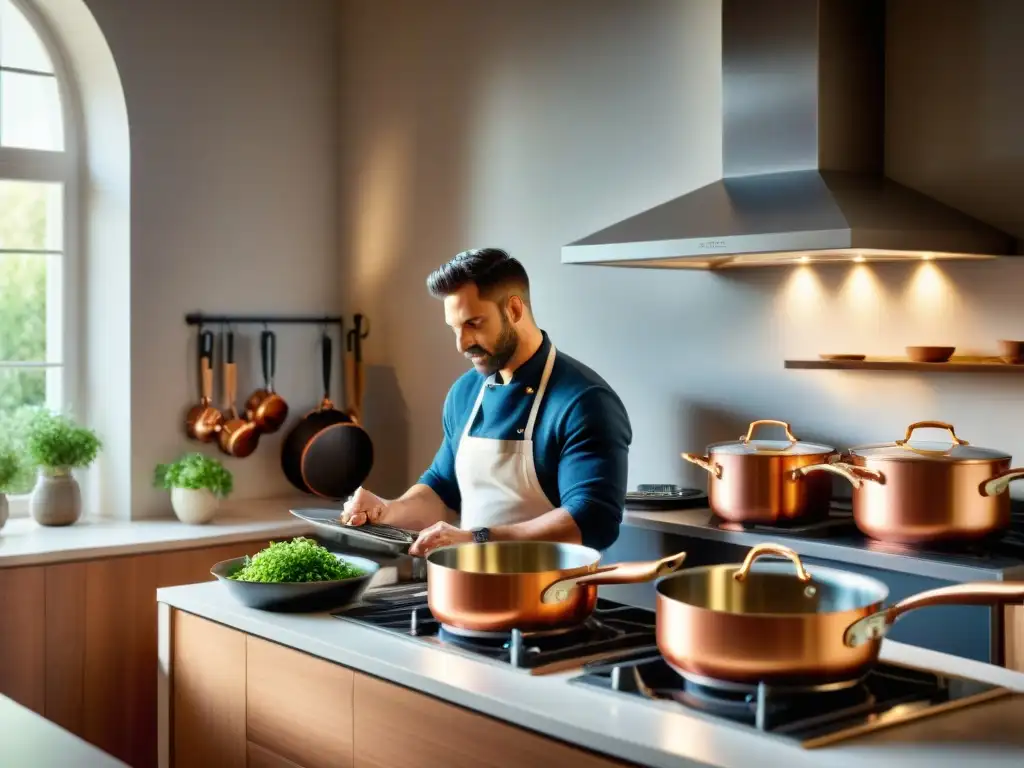 Un chef profesional elige con determinación una batería de cocina para platos franceses en una cocina reluciente