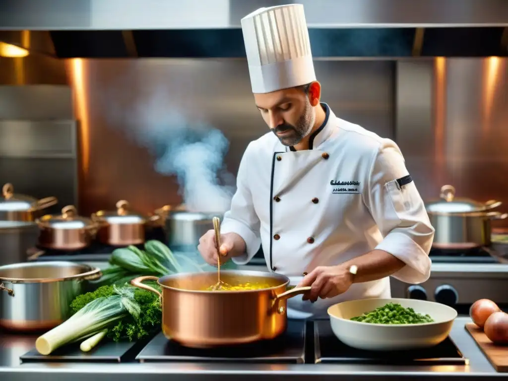 Un chef profesional prepara un caldo francés en una cocina tradicional con técnicas caldos franceses sabor excepcional