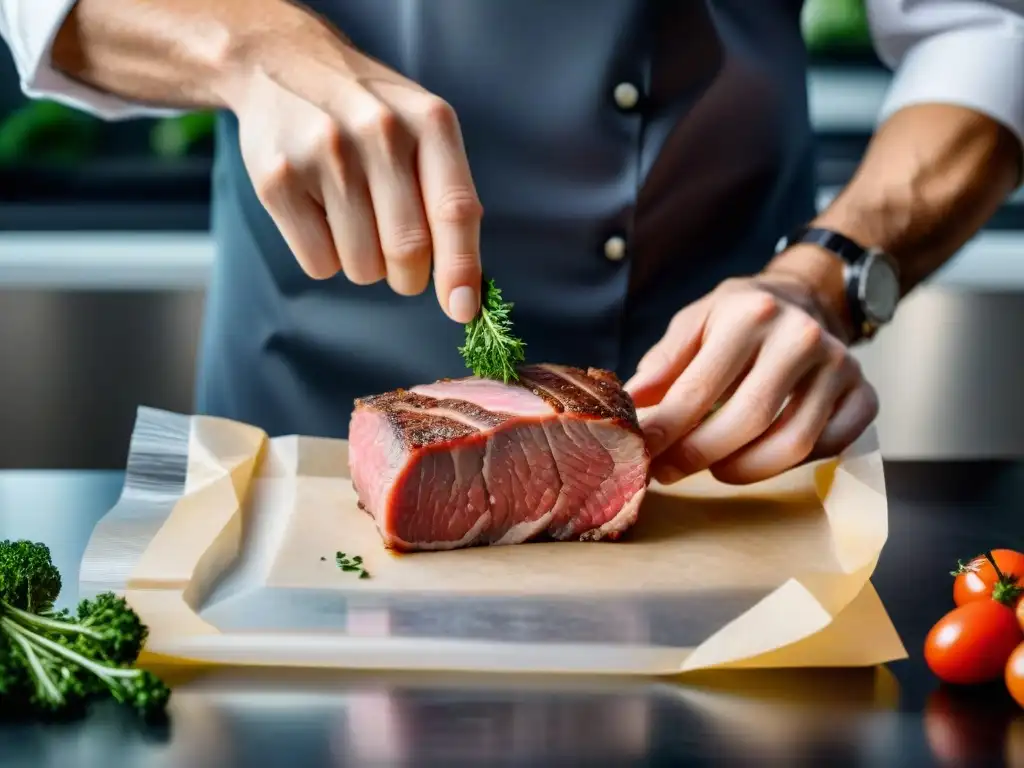 Un chef profesional preparando carne sazonada para cocinar al vacío para ocasiones especiales