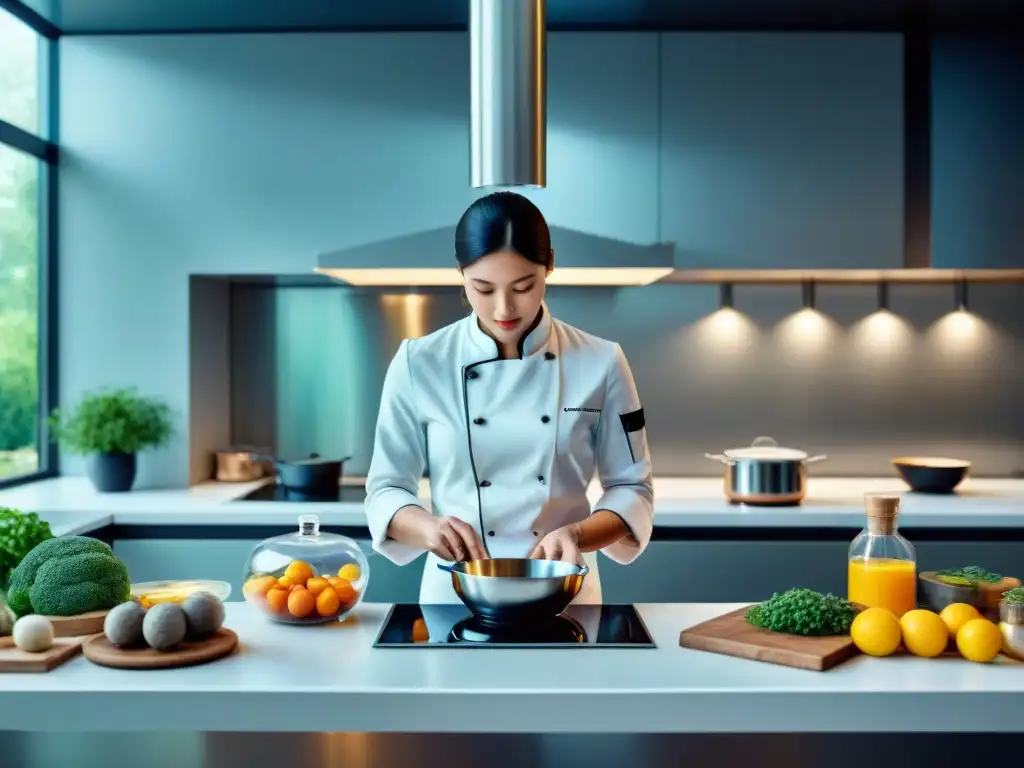 Un chef profesional prepara cocina francesa en una cocina futurista llena de gadgets culinarios digitales