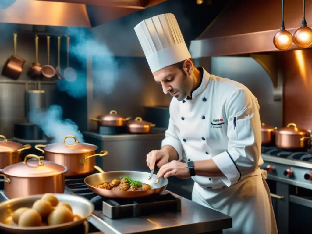 Un chef profesional en una cocina francesa tradicional, rodeado de los mejores sets de ollas y sartenes, preparando un plato clásico