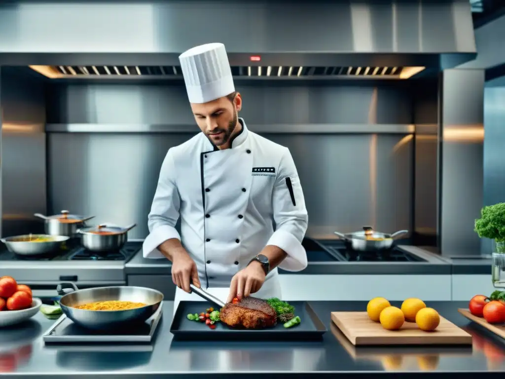 Un chef profesional en una cocina moderna con tecnología culinaria avanzada, preparando platos franceses con software gastronómico innovador