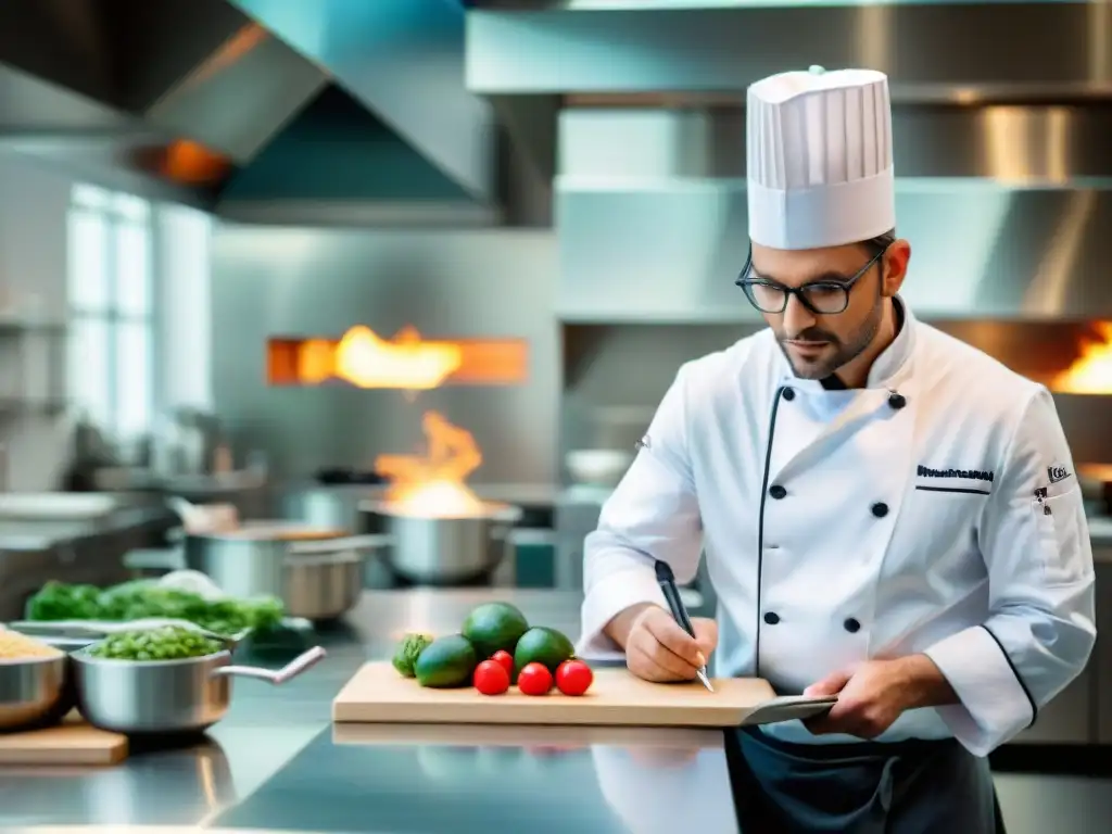 Un chef profesional en una cocina moderna de escuela culinaria francesa, demostrando con precisión y enfoque técnicas modernas cocina francesa