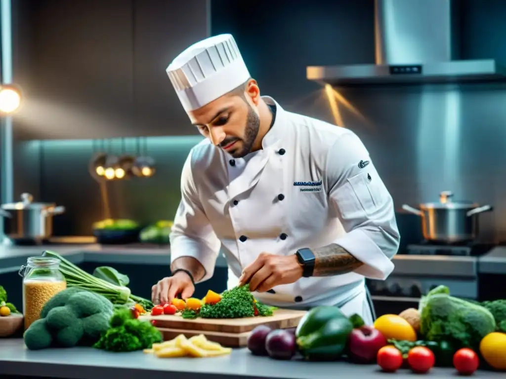 Un chef profesional prepara una comida colorida y nutritiva en una cocina impecable, aplicando la nutrición gourmet para deportistas francesa