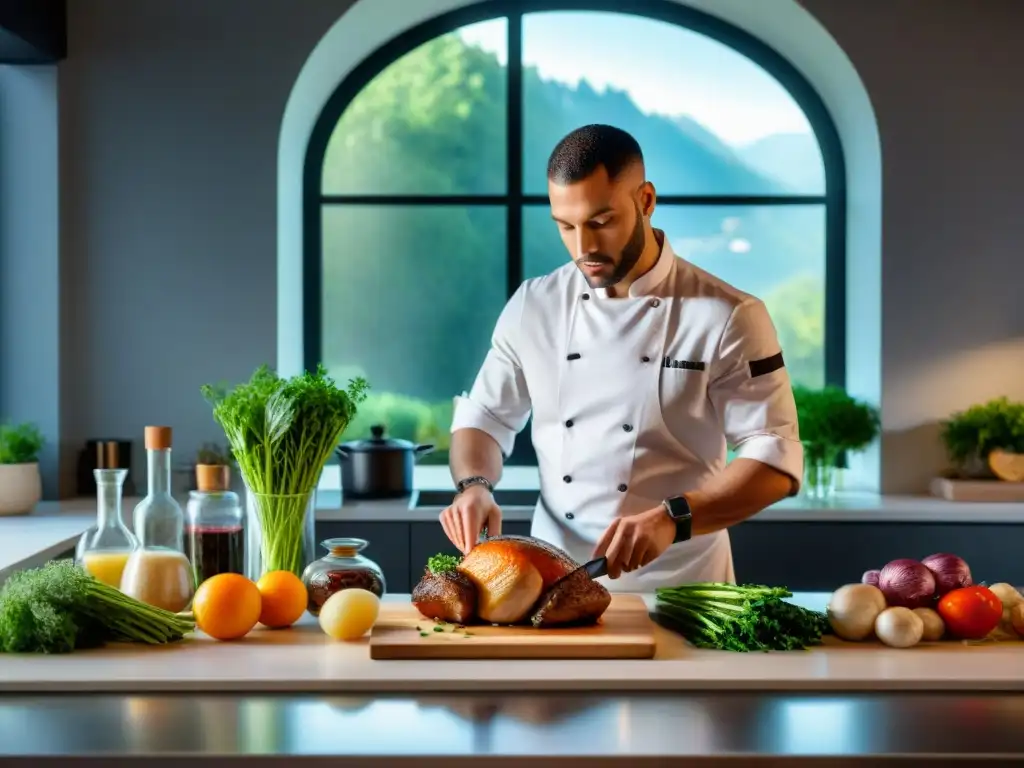 Un chef profesional prepara un Coq au Vin en cocina francesa al vacío con precisión y arte culinario