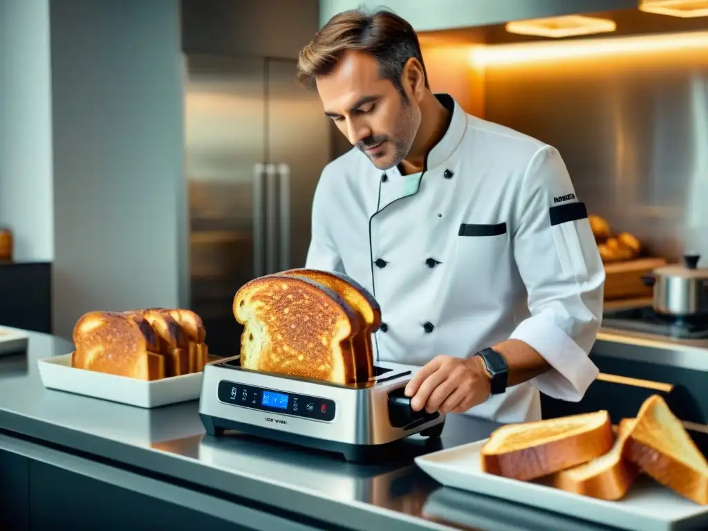 Un chef profesional selecciona con cuidado el tostador perfecto para pan francés, destacando la importancia de elegir el electrodoméstico adecuado