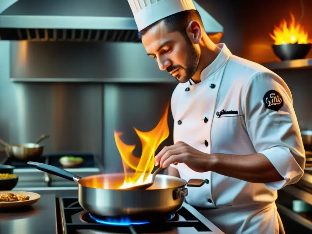 Un chef profesional flambeando con destreza en la cocina, técnica de flambeado en acción