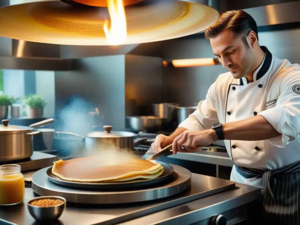 Un chef profesional experto en el arte culinario demostrando técnicas para hacer crepes perfectas en una cocina bulliciosa