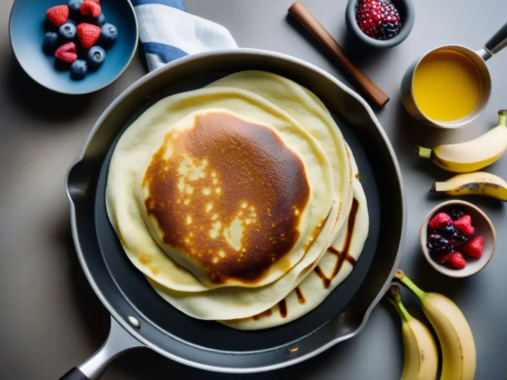 Un chef profesional experto en crepes veganos receta fácil, dorando la masa en una sartén, rodeado de ingredientes frescos y coloridos