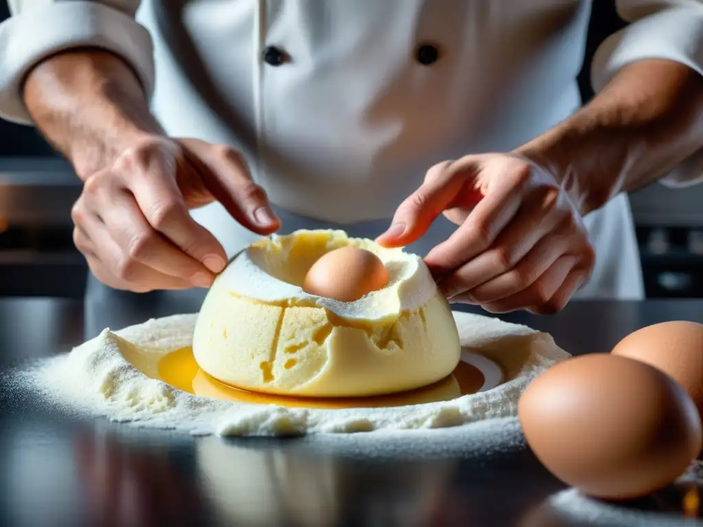 Un chef profesional experto en soufflé perfecciona su técnica con movimientos precisos, rodeado de ingredientes perfectamente dispuestos