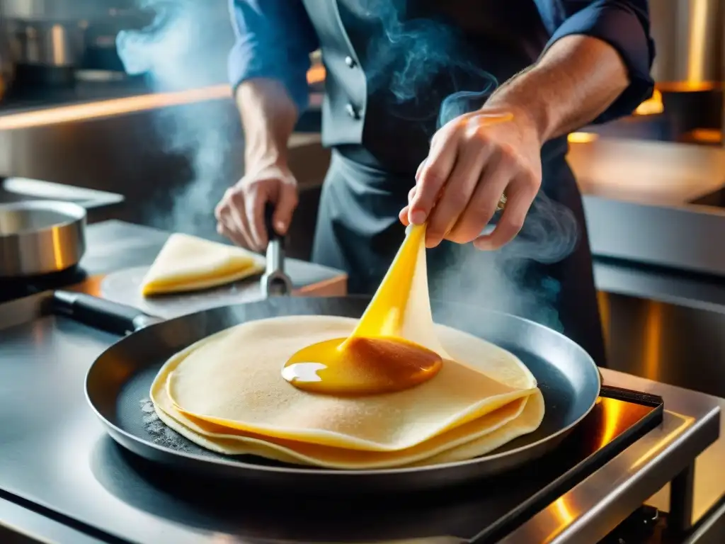 Un chef profesional experto en técnicas para hacer crepes perfectas, voltea elegantemente un crepe dorado en una sartén humeante